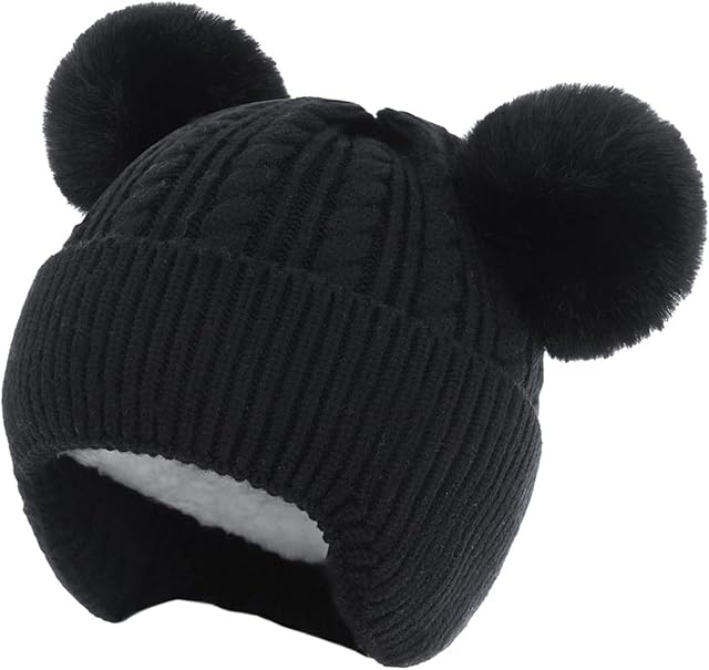 WELROG Baby Pom Pom Winter Hat - Infant Bear Toddler Earflap Beanie Hat for Baby Boys and Baby Girls