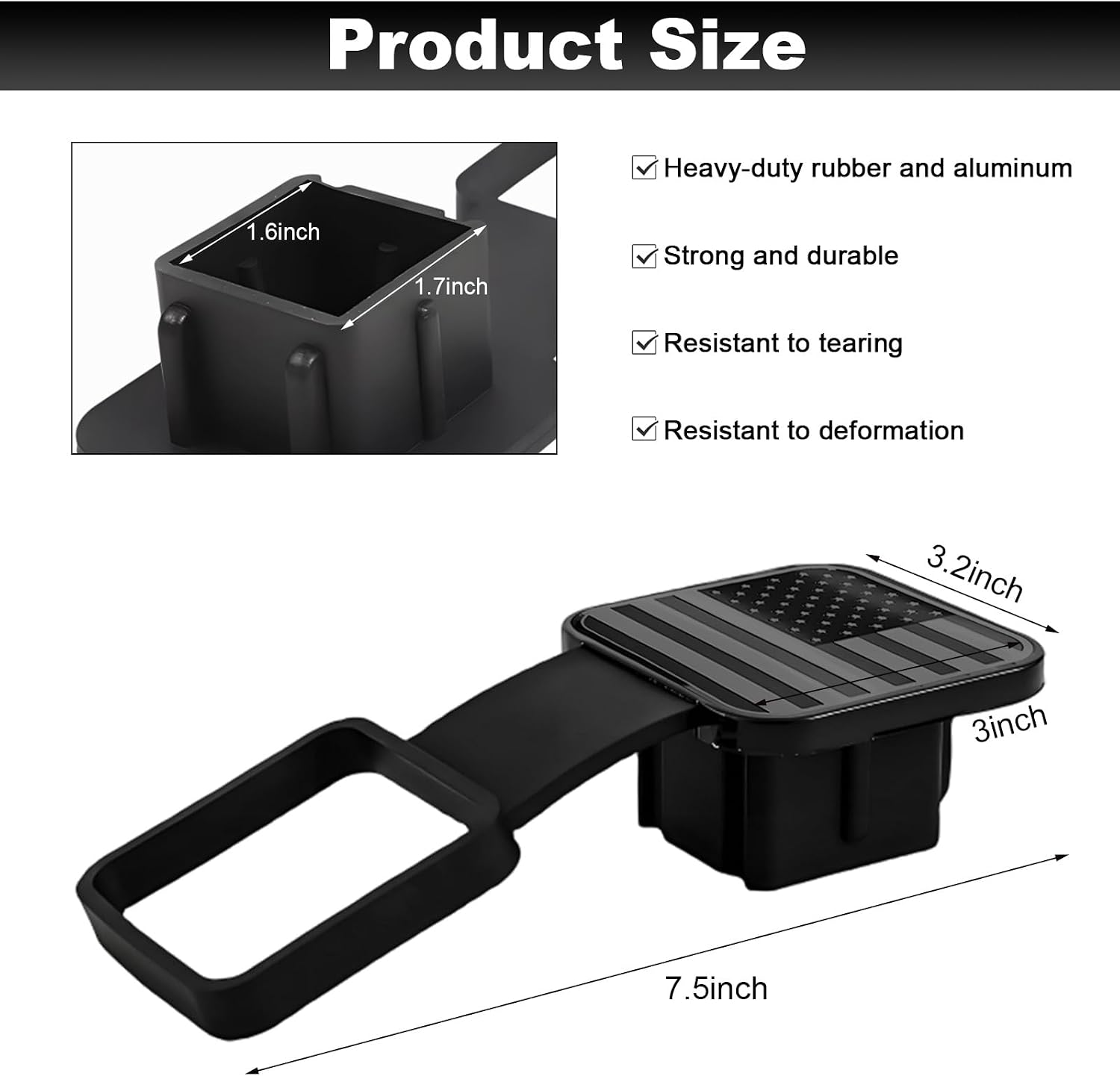 povtii Trailer Hitch Cover, Flag Emblem Trailer Hook Dustproof Plug Cap Fits 2 Inch Hitch Receivers, Tow Hitch Receiver Protection Cover for Most Car Truck Trailer, Car Accessories (Black)