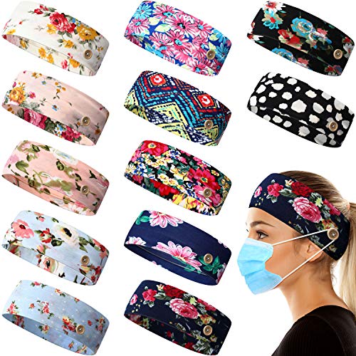 12 Pieces Boho Button Headbands Yoga Running Headbands Sports Workout Hair Bands Wide Bandana Headband for Nurse Women and Girls