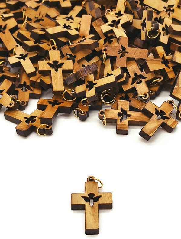 Lot 50 carved Holy Spirit Olive Wood Cross Hand Made Holy Land Jerusalem Rosary