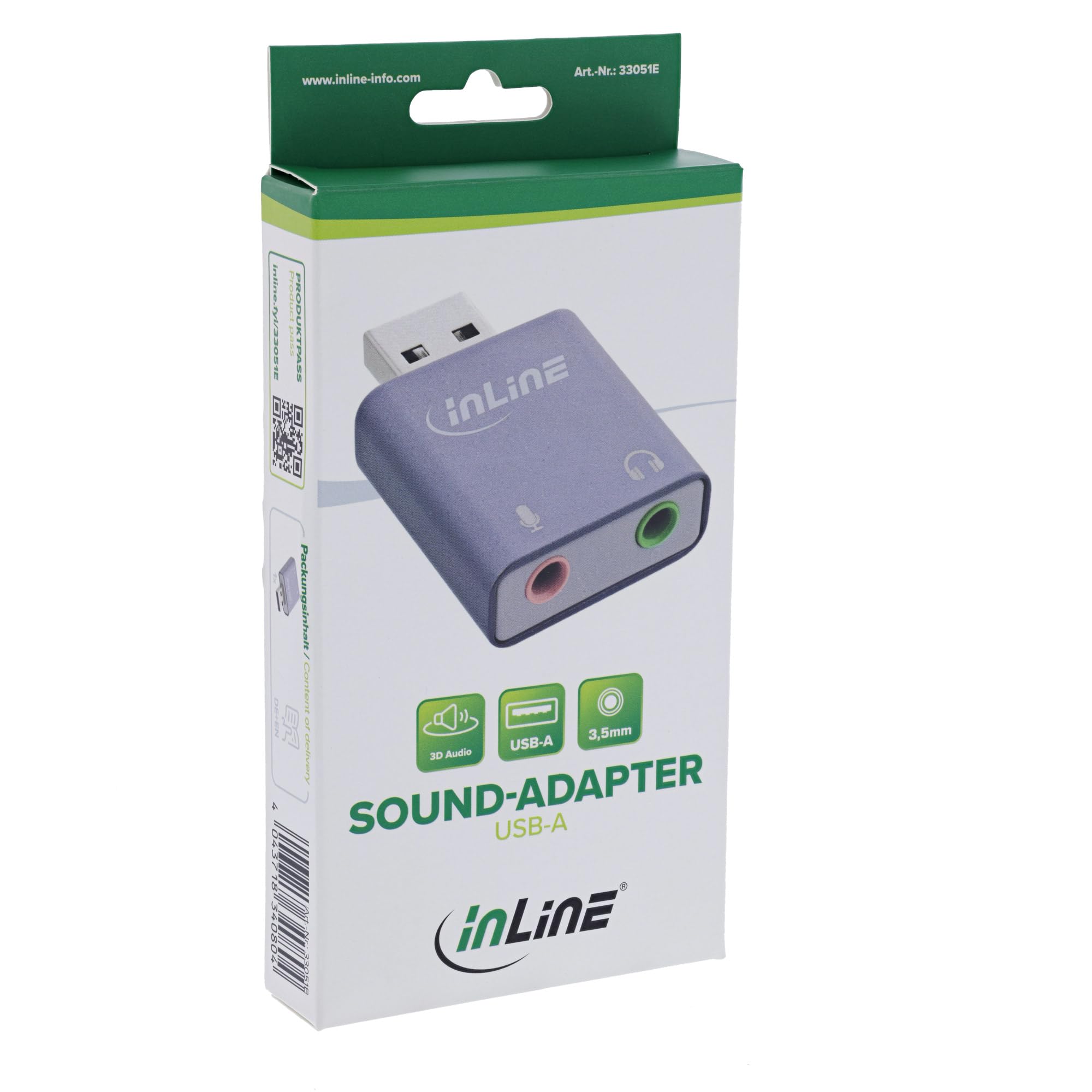InLine® Adapter audio USB z przyłączem mikrofonowym i słuchawkowym, Plug & Play, kompaktowy i kompatybilny z Windows, Mac, Android, 33051E
