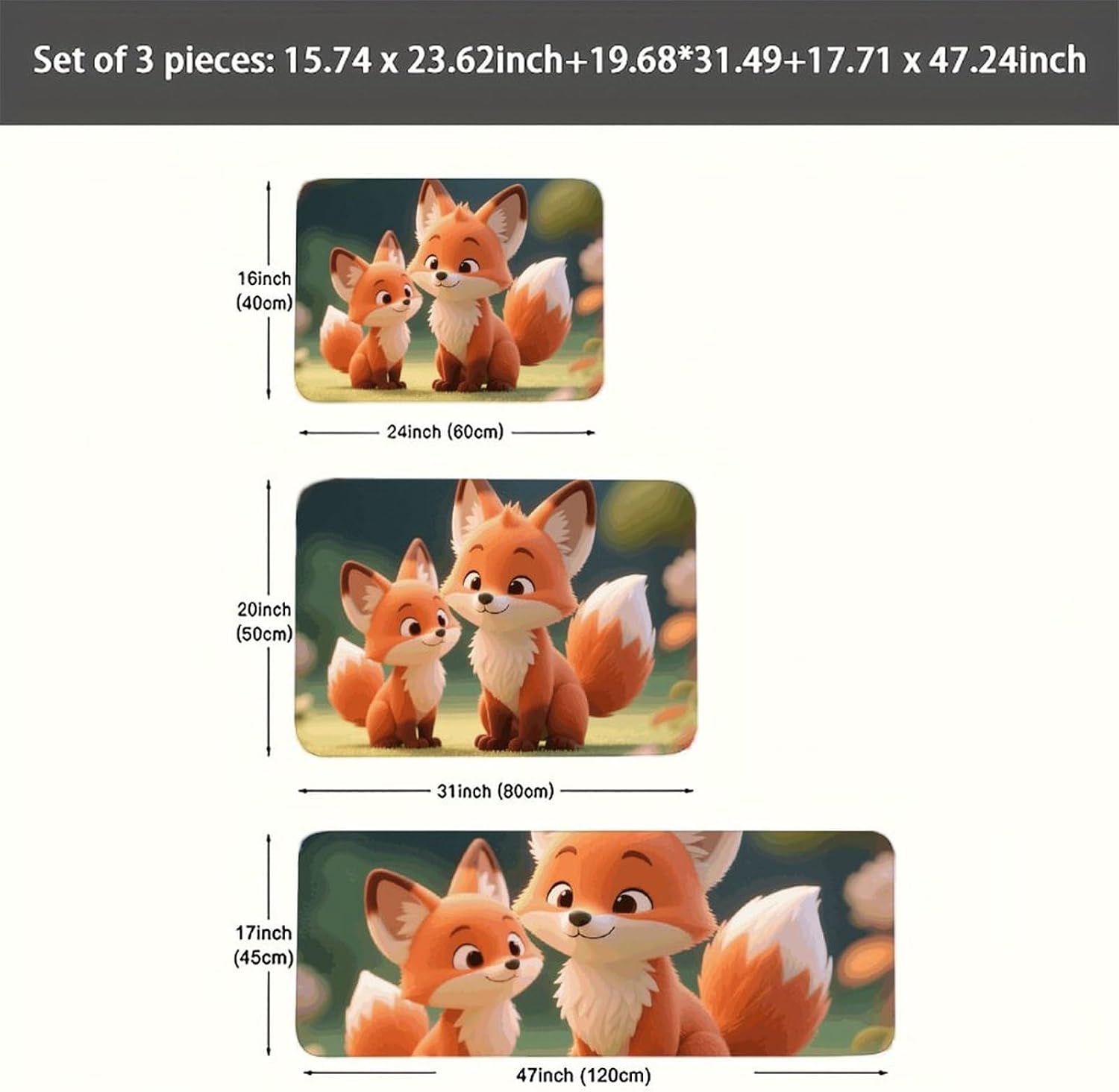 Cartoon Little Foxes Kitchen Mats for Floor 3 Pcs Kitchen Rugs