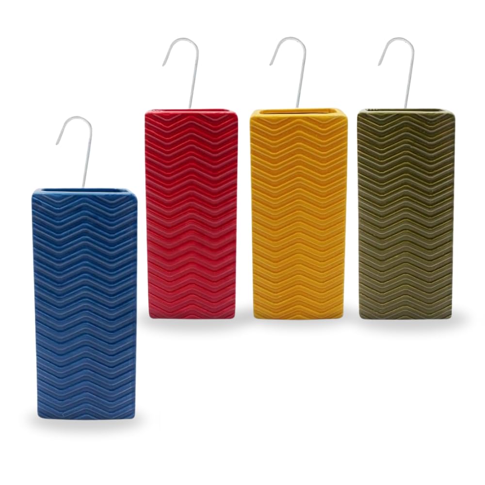 Paluplus Set 4 Evaporatori d'acqua per termosifoni in Ceramica, misura 8x4x18 cm, Umidificatore con motivo RIGHE A ONDE e gancio a forma di S, Colore Rosso, Blu, Giallo e Verde -5732F