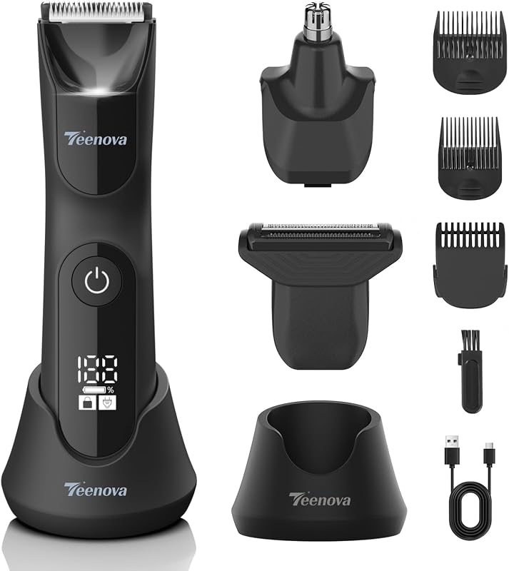 Manscape Body Hair Trimmer for Men, No Nick Pubic Bikini Trimmer for Women, 3 in 1 Versatile Groin Shaver with Nose Hair Trimmer, Cordless Dock Charging, LED Display, Wet/Dry Grommer (Black)
