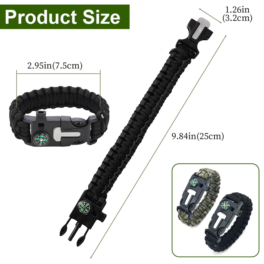 NJCXOLA Paracord brazalete Kit, Supervivencia al aire libre, 2PCS Paracord Bracelets, Kit Pulsera Paracord Supervivencia, Iniciador de fuego, emergencia cuchillo y silbato(Camuflaje+ferroso)