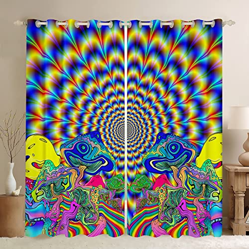 Psychedelic Curtains Yellow Blue Trippy Blackout Curtains For Men Adult,Glowing Exotic Mushroom Cool Indie Goth Neon Curtains & Drapes Psychedelic Window Curtains 76"X45",Scary Trippy Room Decor #TOP27