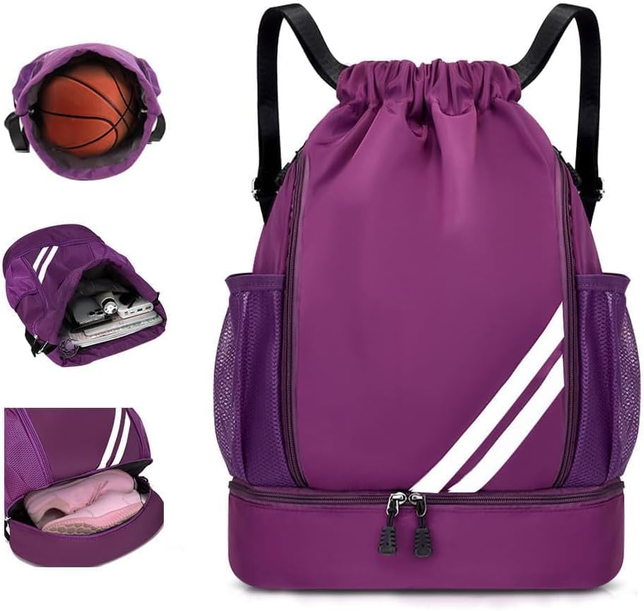 Mochila Esportiva com Cordão Impermeável, Separação Seca e Úmida, Grande Capacidade, Bolsos Laterais em Malha, Ideal para Academia, Viagem e Esportes – Com Listras (Violeta escuro)