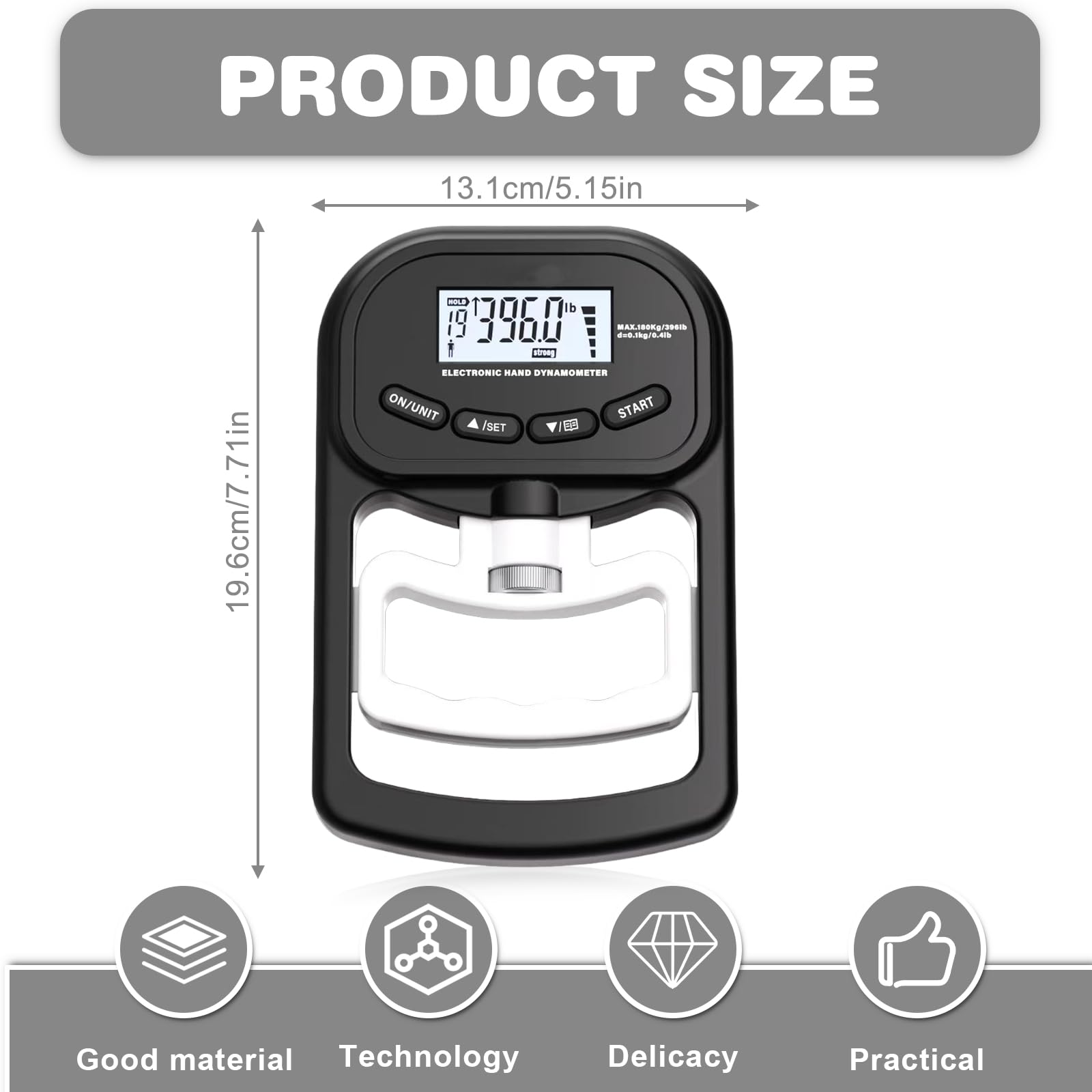 Medidor de fuerza digital manual, 396 lb/180 kg, color negro, dinamómetro de mano con cable de carga USB, gran pantalla LED