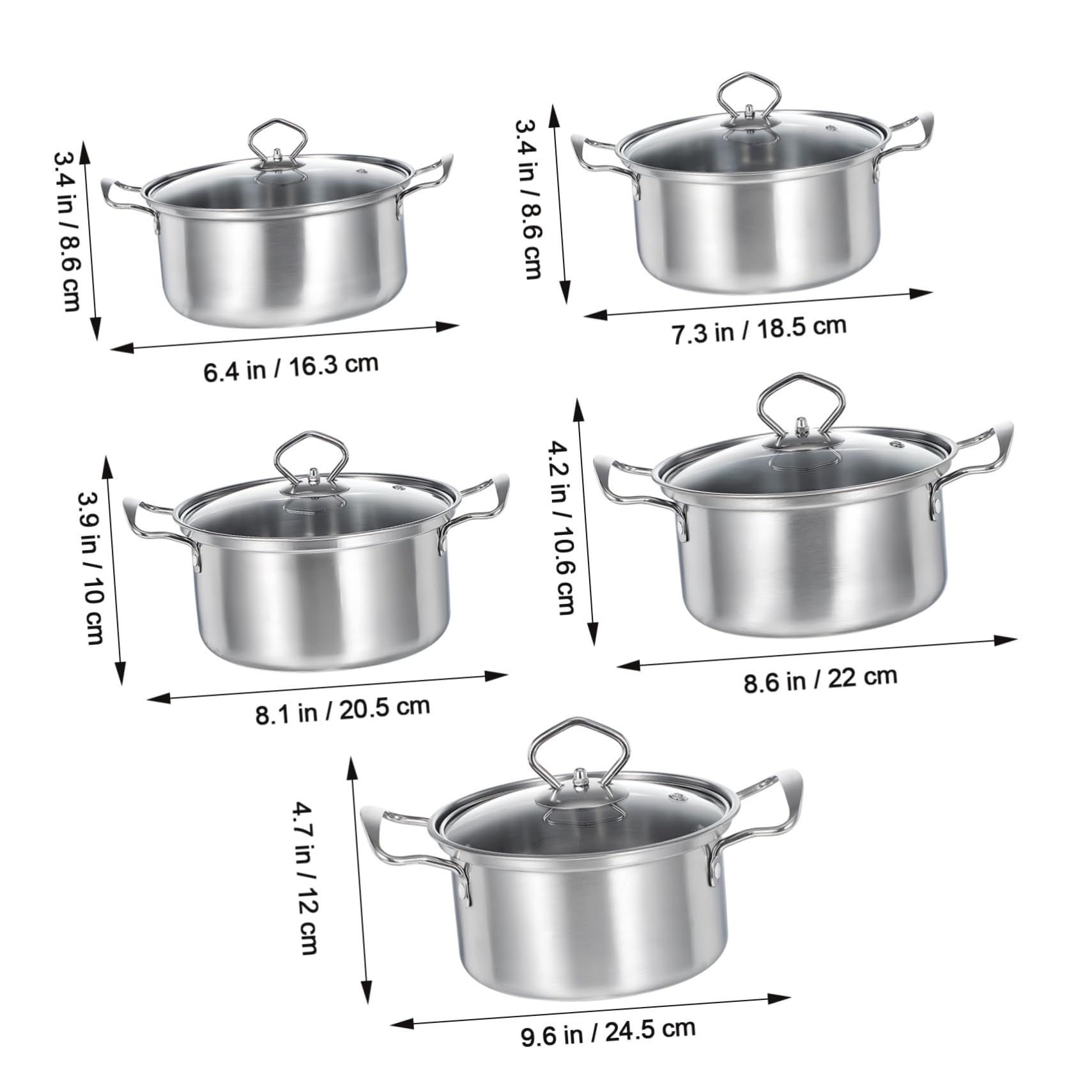 Ciieeo Set di Pentole da Zuppa in Acciaio Inox 5 Set con Doppi Manici | Coperchi in Vetro, Finitura Argento, Uso Versatile per Cucina Domestica, Formato All-in-one