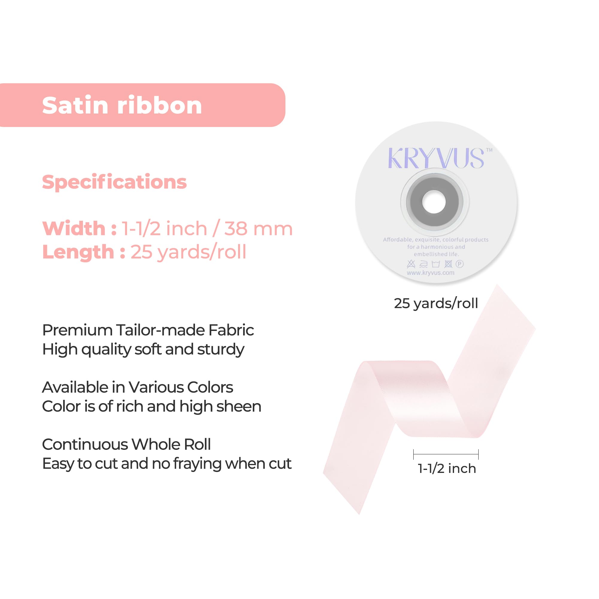 Kryvus Baby Pink Satin Ribbon, 38mm x 22M Single Face Baby Pink Ribbon - Image 3