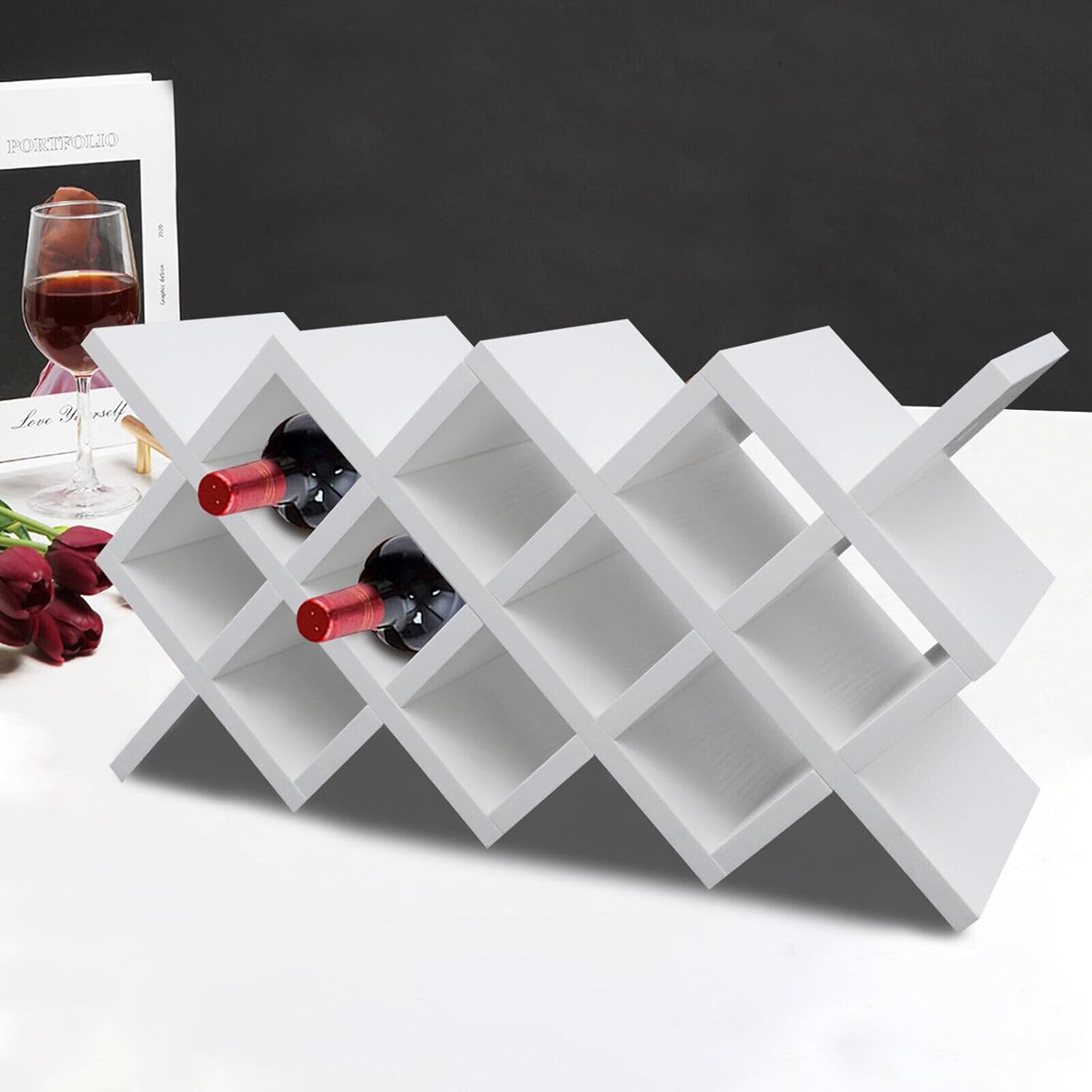 Wine Lattice Rack, 10 Grids Wine Rack Wall Mounted, Wine Shelf Wall Mounted, Free-Standing Diamond-Shaped Design, Storage Shelf Glass Bottle Organizer for Living Rooms, Kitchens, Bars