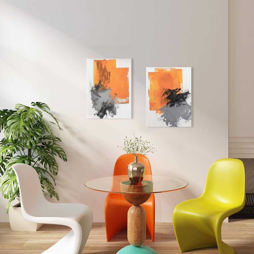 B BLINGBLING Abstract 2 Panels Wall Art Set, Modern Orange & Gray Canvas Prints 12"x16" Each, Vibrant Home Office Decor for Living Room, Bedroom, Ready-to-Hang set of Two Abstract Paintings