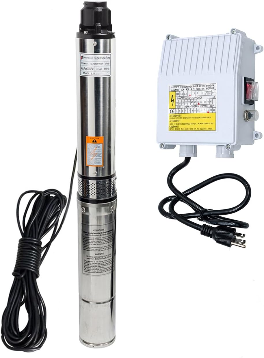 iMeshbean® Deep Well Submersible Pump with External Control Box, 1 HP, 115V, 60 Hz, 33 GPM, 305FT Max Head,100FT Power Cord Stainless Steel, 4",Long Life M#010 USA Well Pump 1HP-110V, 1-1/2" NPT