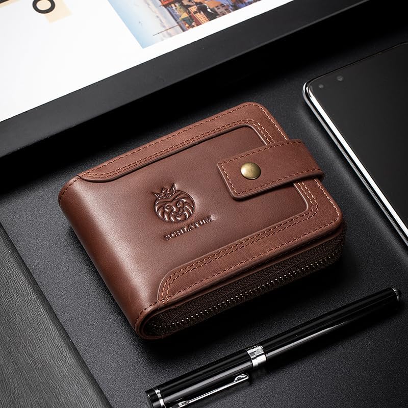 Genuine Leather Zipper Wallet for Men RFID Blocking Large Capacity Vintage Wallet with Coin Pocket ID Window, Coffee - Image 8