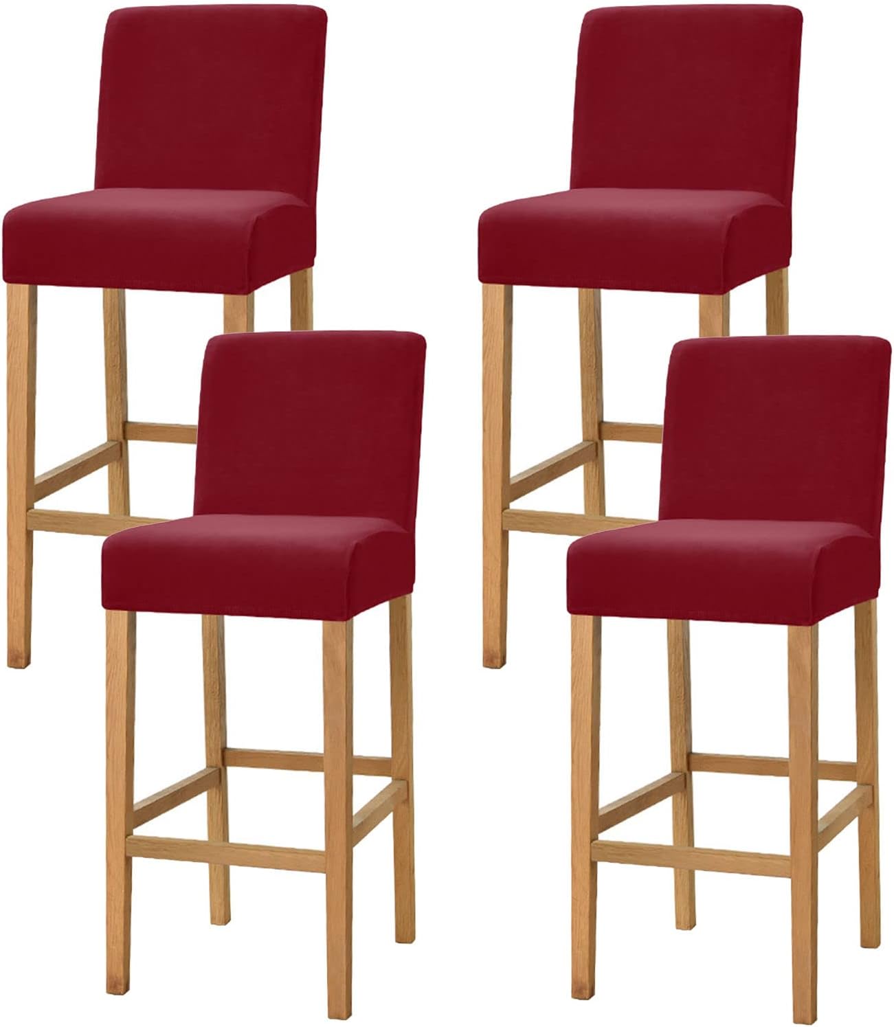 Stretch Bar Stool Chair Covers, Velvet Stool Cushion Slipcover for Dining Room Removable Bar Stool Cover with Elastic Bottom -Wine Red-Set of 4