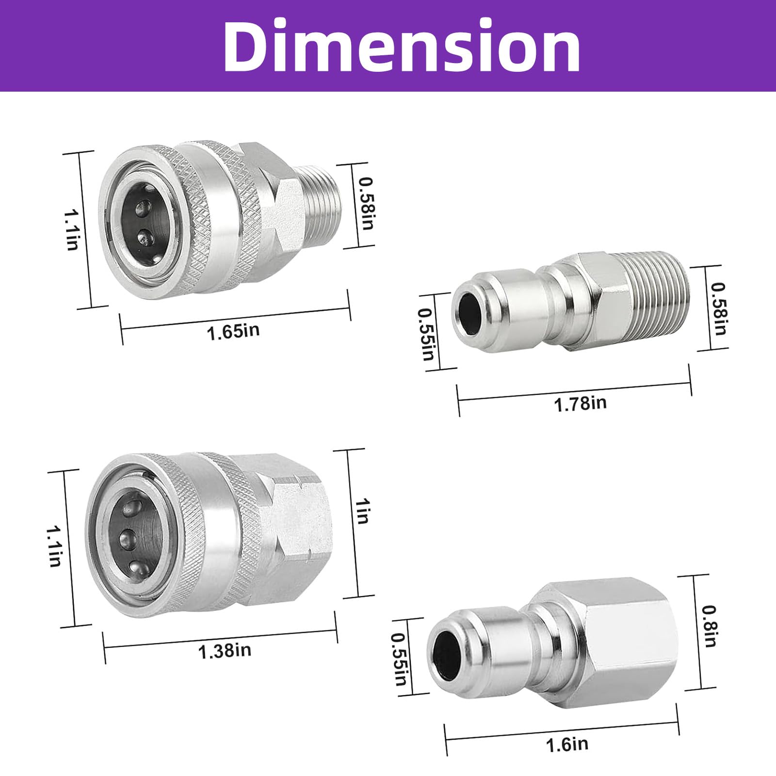 Lavadora a presión de conexión rápida en tamaño de 3/8 pulgadas, compuesto por accesorios de lavado a presión, un juego de adaptadores de acero inoxidable con roscas hembra y macho, 8 piezas en total.
