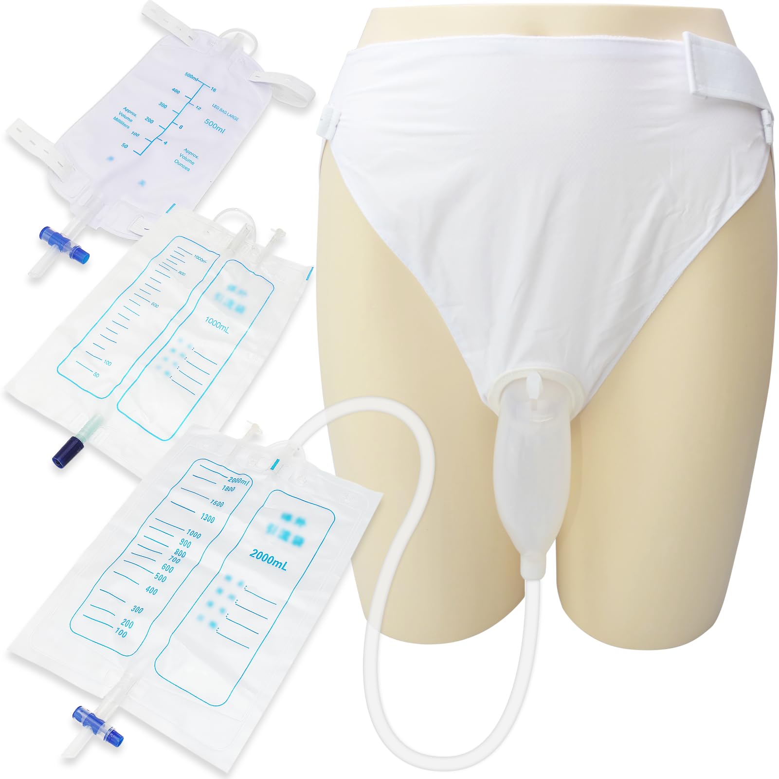 Urine Collection Bag Condom Catheters for Men Reusable Portable Silicone Urinal with 3 Urine Catheter Bags (Men_White)