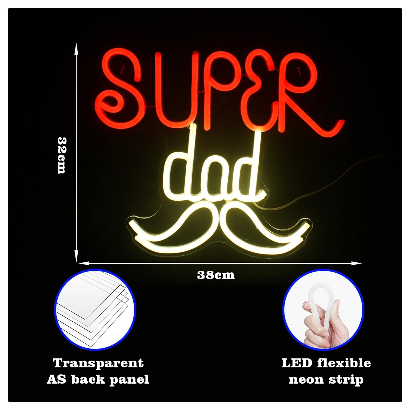 Insegna al Neon a LED Luce al Neon a LED, Insegna al Neon Super papà per Il Regalo di papà, Decorazione per Applique da Parete Artistica per casa, Bar, Club, Feste, Compleanni, Natale, 38X32 cm