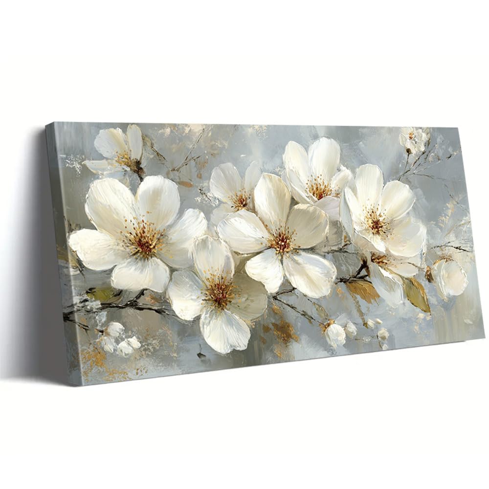 AEFOUU Canvas Wall Art Print Large White Cherry Blossoms Beige Golden Modern Wall Art Beige Golden Grey Poster for Living Room(65x130cm/26x52in/Frameless)