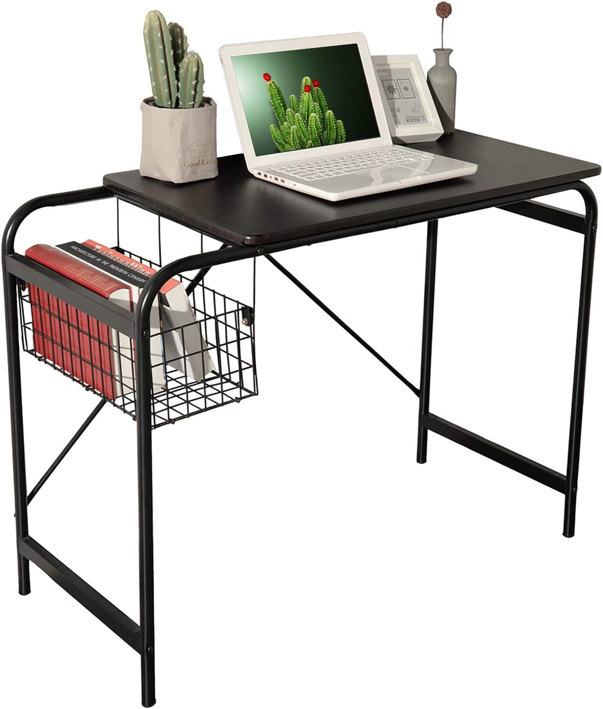 MEUBLE COSY Computer Desk Corner and Workstation with Storage Basket Laptop PC Table Home Office Furniture, Metal, Walnut, 100x45x72cm, HABIBI DESK A