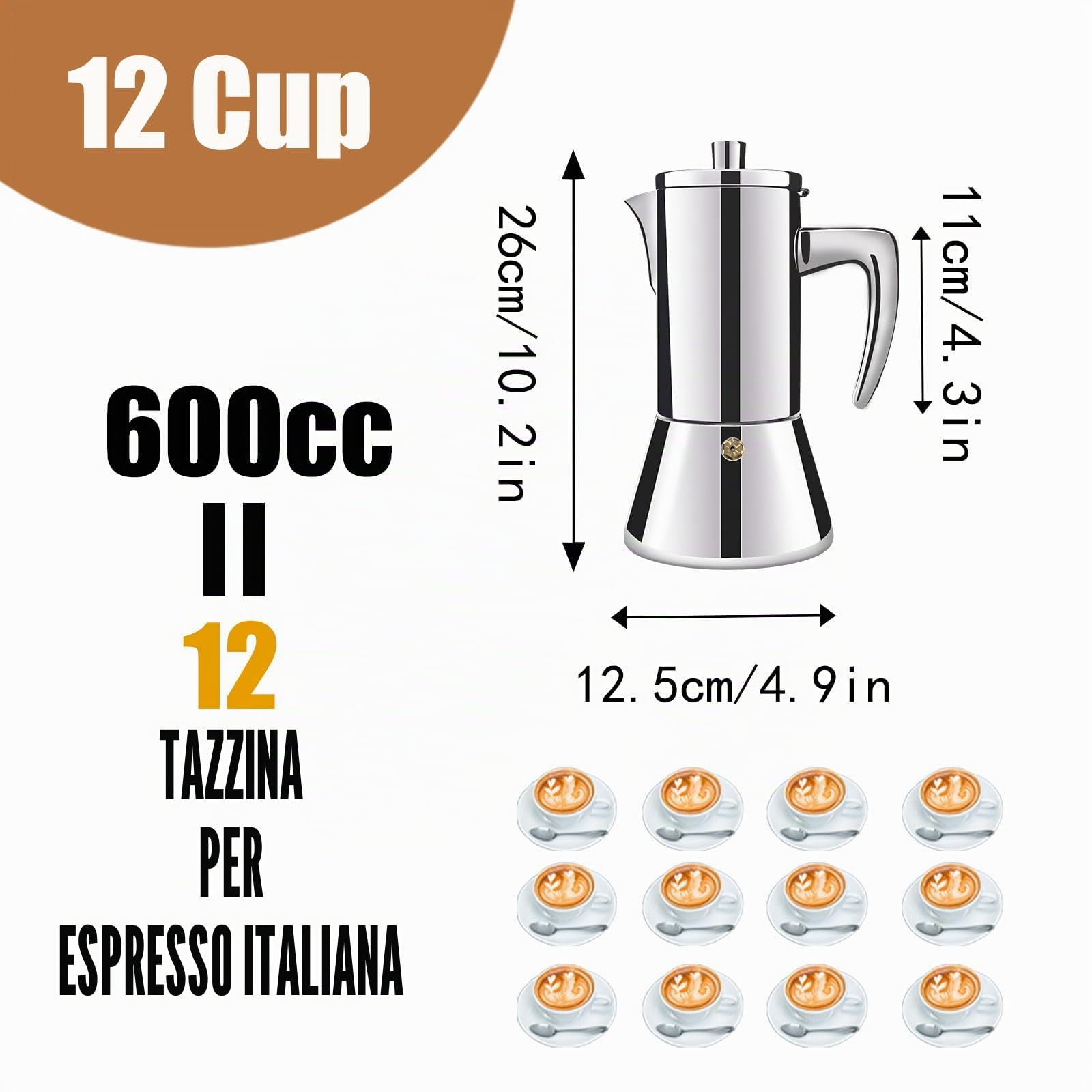 12 Tazze Addensate in Acciaio Inox 304 Moka Pot Stovetop Espresso Maker Percolator Cafeteras Italian Coffee Maker Capable Mocha Coffee Machine Greca Coffee Maker for Home e Camping 600ml 20oz