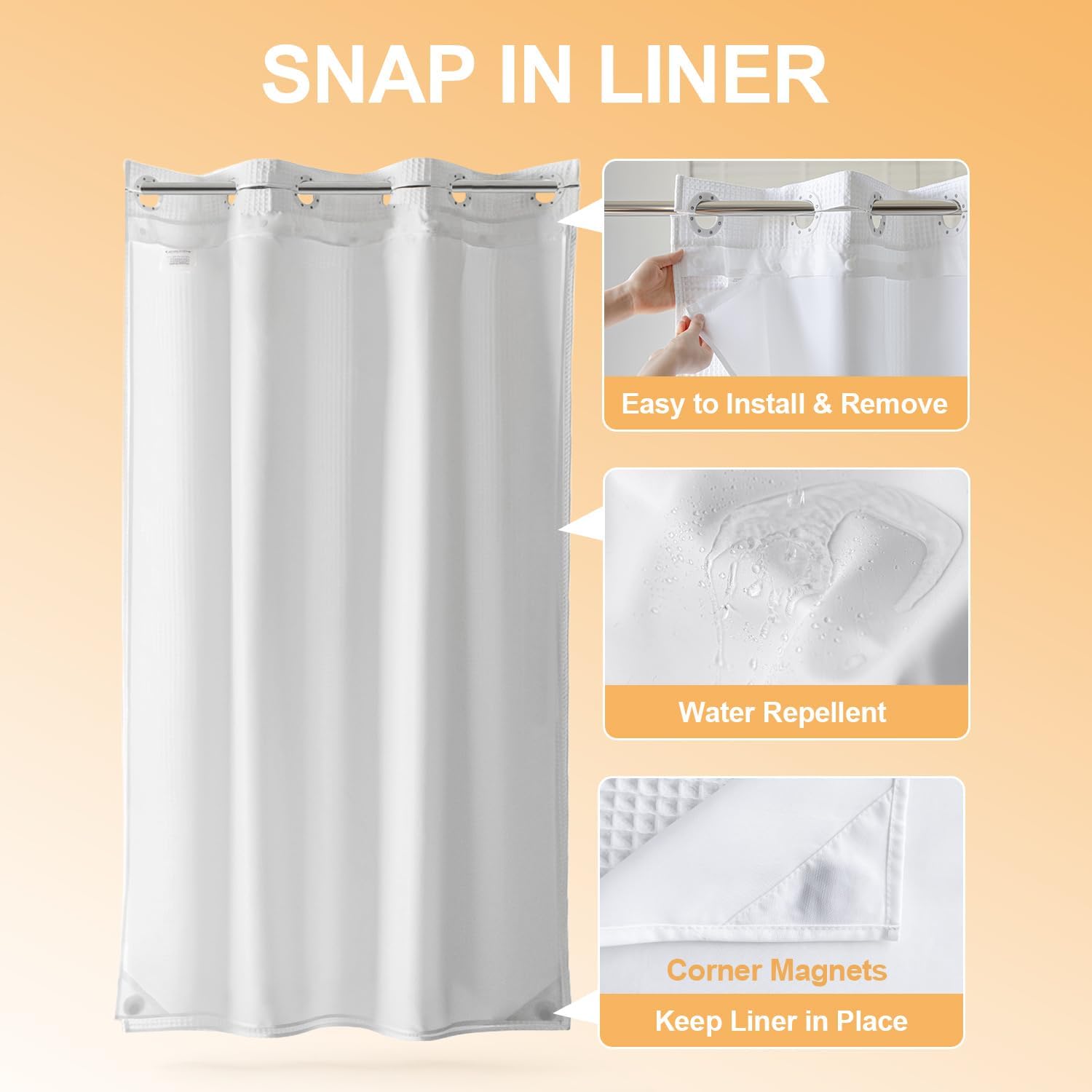 River Dream Stall Cotton Blend No Hooks Needed Shower Curtain with Snap in Liner, Water Repellent, Hotel Grade (White, 36"x74")