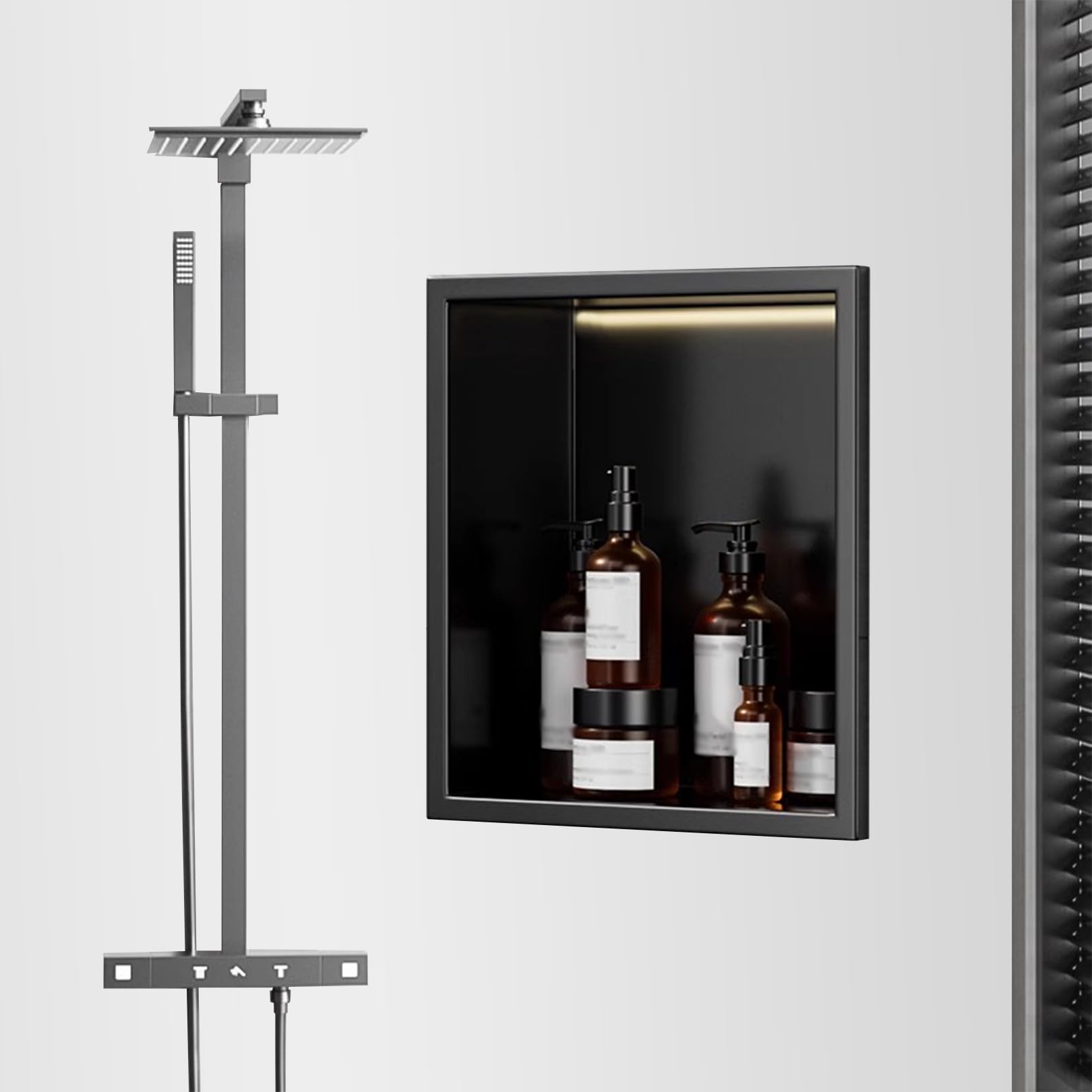 Niche de douche avec étagère rangement encastrable sans carrelage et étagère lumineuse