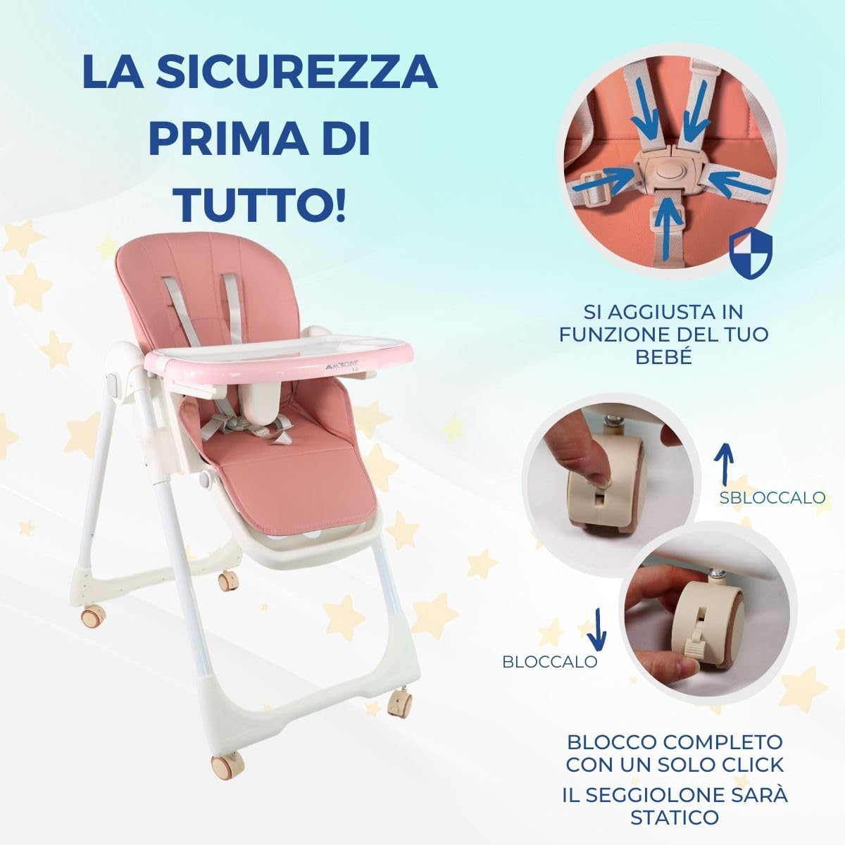 Mobiclinic® kids, Seggiolone per bambini, Evolutiva, Pieghevole, Trasformabile in, Simba, Imbracatura a 5 punti, Ruote con freno, Doppio vassoio estraibile, Tessuto lavabile, Regolabile