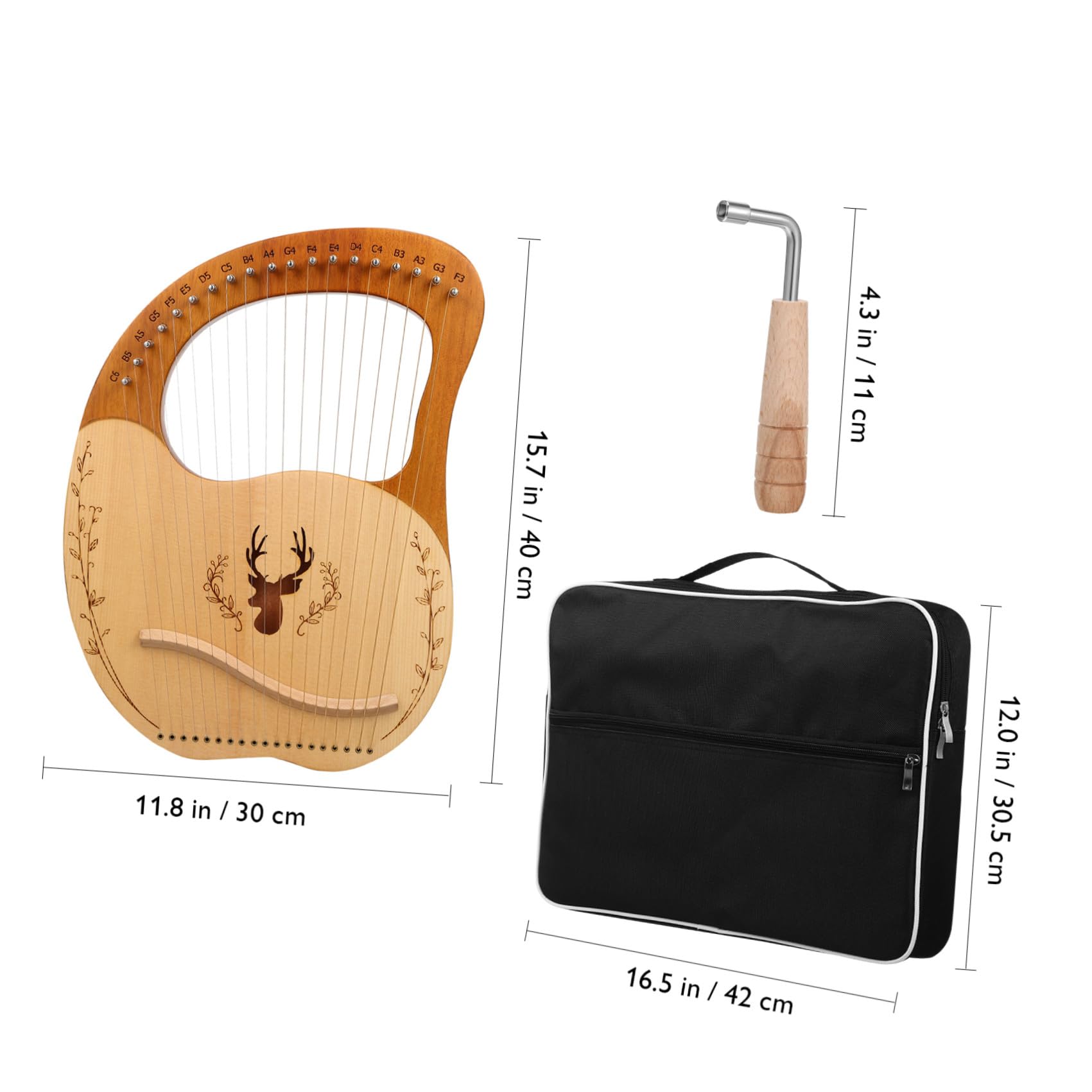 Set di Lira Portatile e Borsa in Poliestere Chiave di Accordatura in Legno con 19 Corde Metalliche con Effetto Fischio Continuo Strumento Musicale per Principianti