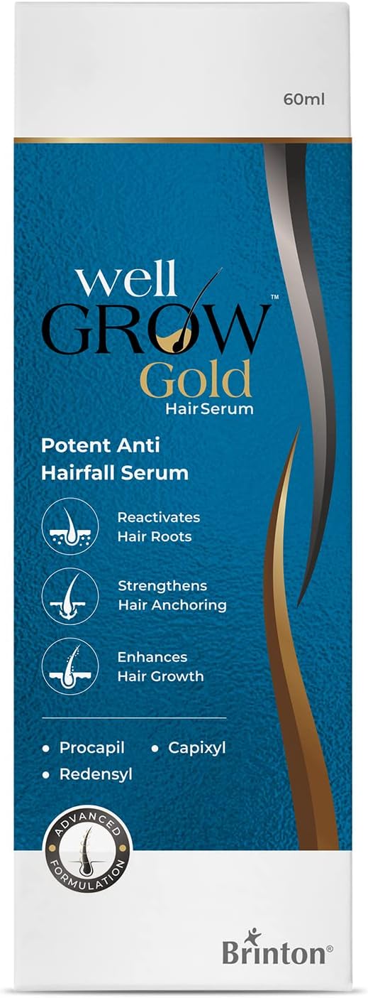Brinton WellGrow Gold Hair Growth Serum (60mL) Recommended for Men & Women | Control & Repair Hair Fall | Strengthens & Enhances Hair Growth