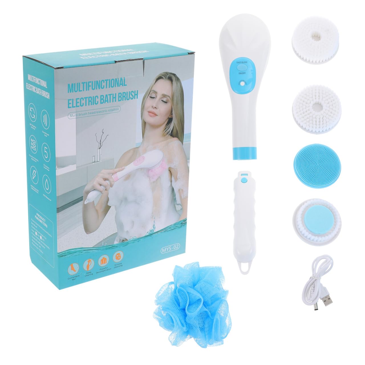 VALICLUD Elektrische Badebürste Mit Usb-Ladung Rotierende Bürste Für Sanfte Körperreinigung Und Peeling Langer Griff Für Rückenmassage Und Dusche