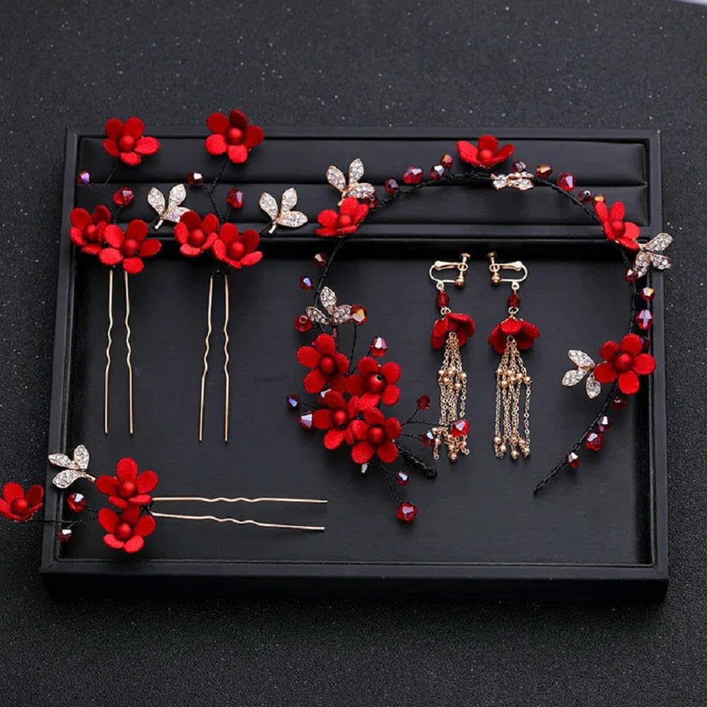 2 Set Cerchietti per Capelli Vintage con Fiori Rossi e Oro, Orecchini con Nappe, Set di forcine per Capelli da Sposa, Accessori per Capelli da Sposa
