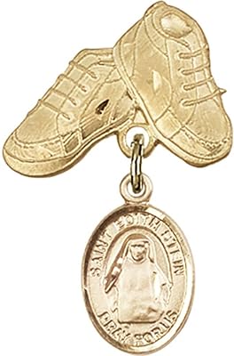 14kt Yellow Gold Baby Badge with St. Edith Stein Charm and Baby Boots Pin 1 X 5/8 inches