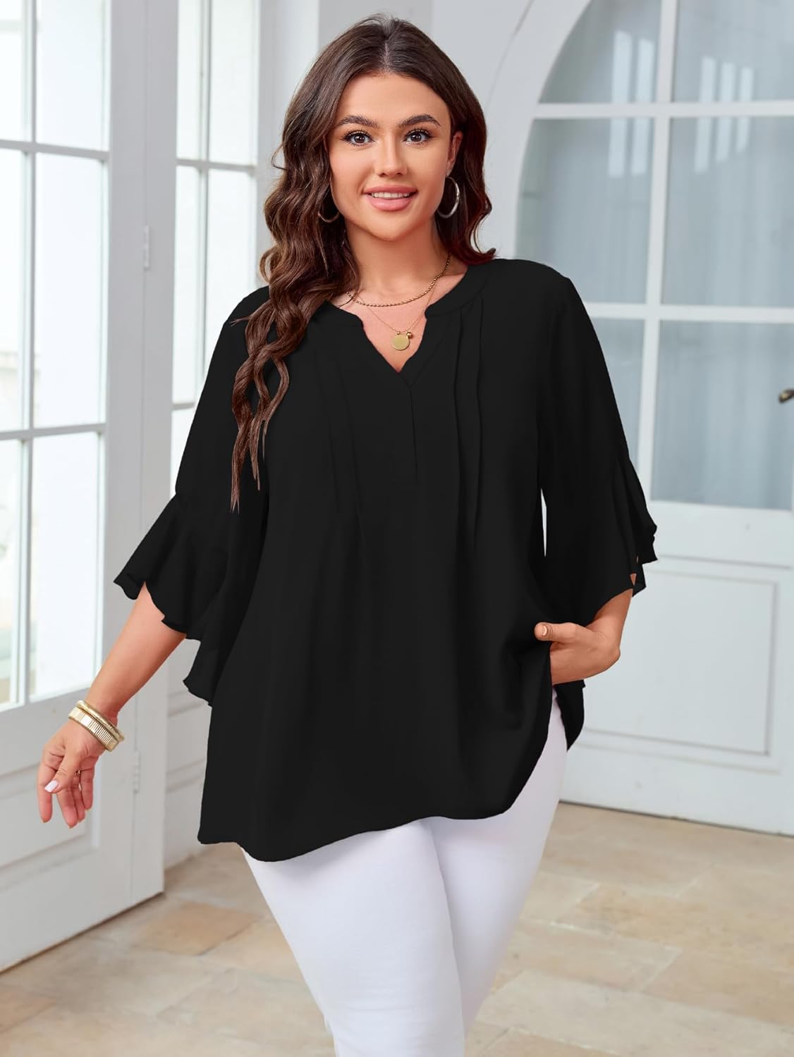 SCOMCHIC Women's Plus Size Blouse 3/4 Sleeve V Neck Chiffon Dressy Casual Shirts Business Work Office Tunic Tops XL-5XL - Image 5