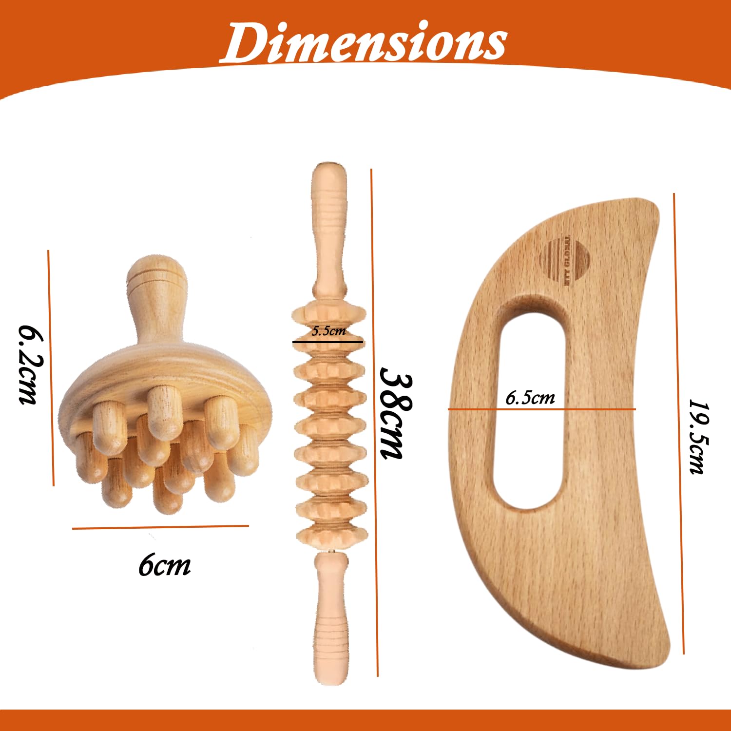 Lot de 3 outils de massage thérapeutique du bois pour le contour et la mise en forme du corps, kit de madérothérapie avec masseur de drainage lymphatique, outils de sculpture du corps en