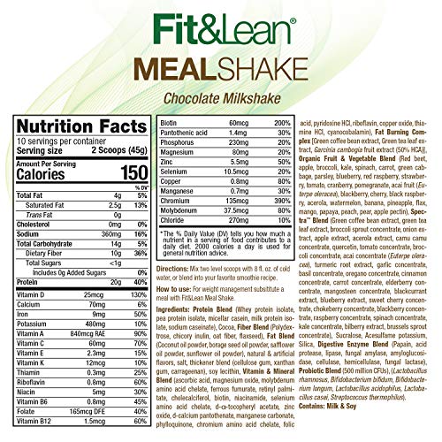 Fit & Lean Meal Shake Meal Replacement With Protein, Fiber, Probiotics And Organic Fruits & Vegetables, 1Lb, Chocolate, 10 Servings Per Container #TOP1