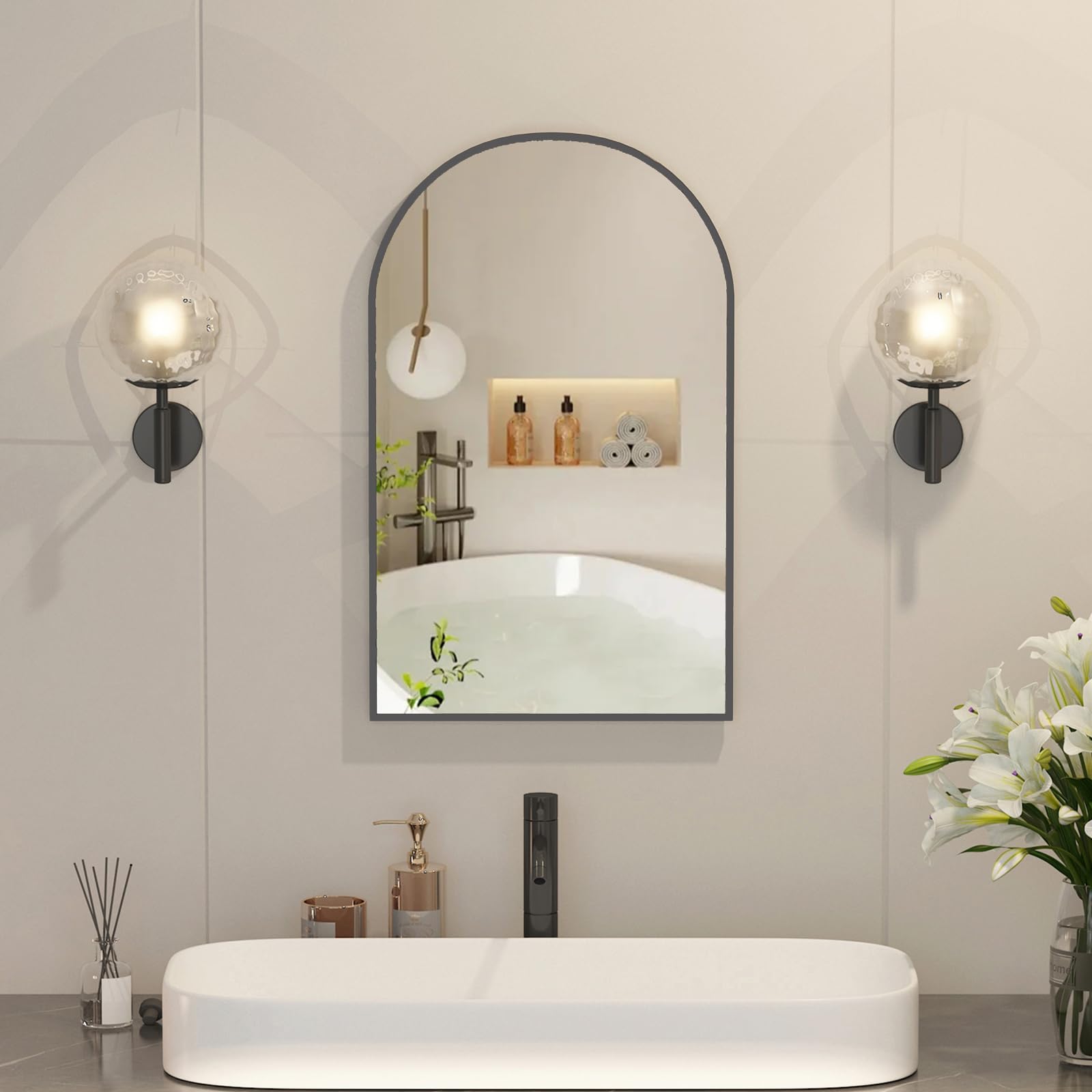 Mepplzian Arch Bathroom Mirror Cabinet,Metal Framed Bathroom Cabinets with Mirror,Brushed Black Mirrored Bathroom Cabinets Wall Mounted,Modern Bathroom Mirror Cupboard,Recessed Medicine Cabinet 42x68