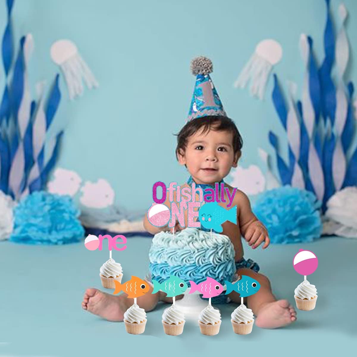 Ofishally One Cake Decorations 25 Pcs for Girls Pink - Gone Fishing Cake Topper for Fishing 1st Birthday Party Supplies, The Big One Birthday Theme Fishing Cupcake Toppers