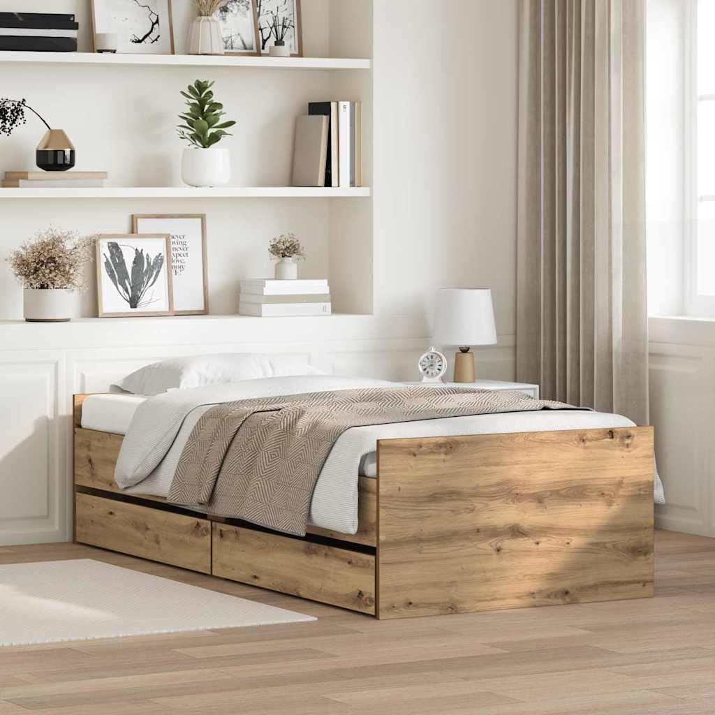 Brokky Estructura de Cama con cajones Cama Individual Juvenil Marco de Cama de Madera Estructura de Cama Somier-Roble artisan-90 x 200 cm