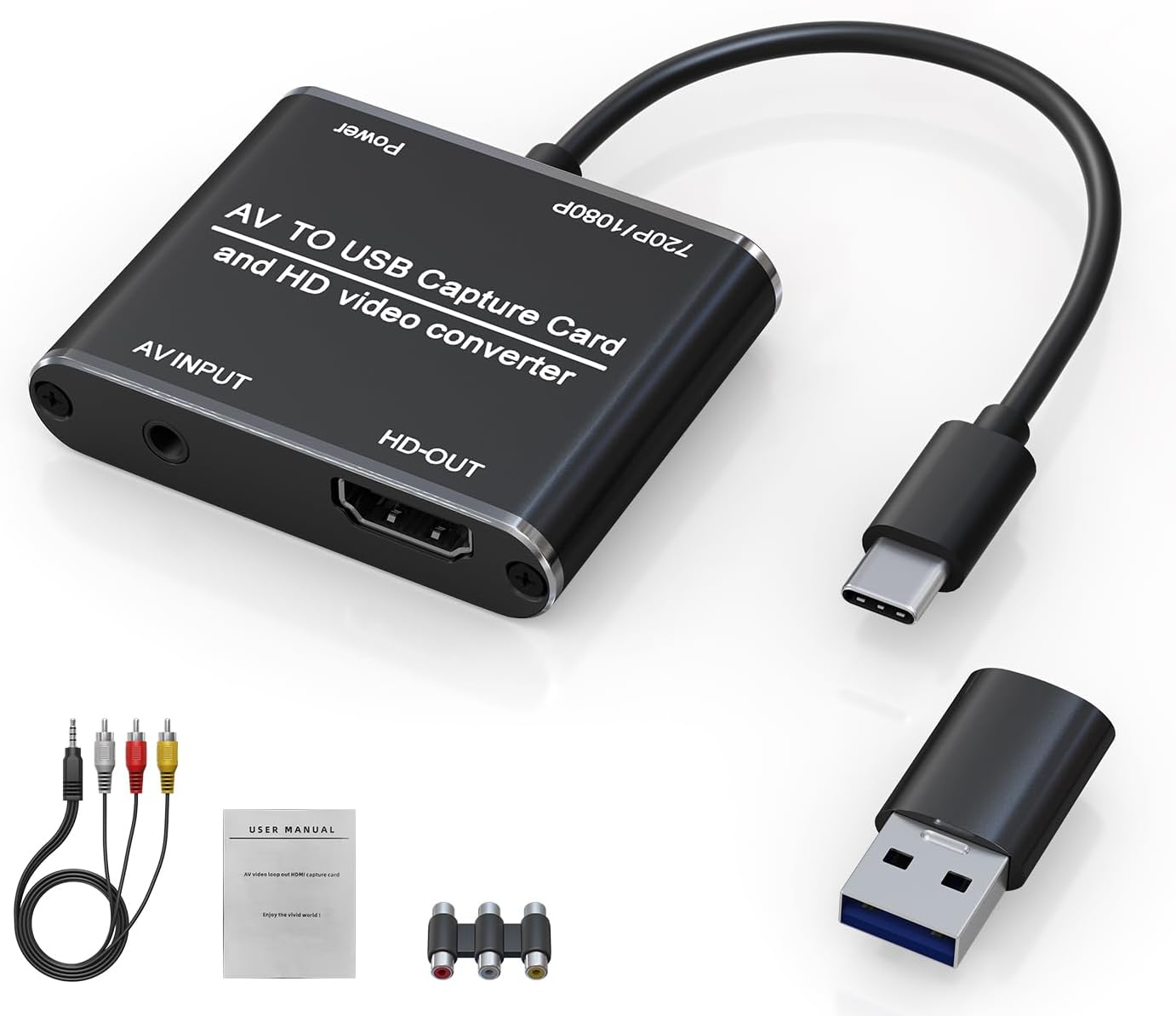 AV to HDMI Converter with USB Video Capture Function - RCA to HDMI Adapter VHS to Digital Converter for VCR, VHS, DVD, Camcorder, Hi8, Supports Recording Videos to Your PC or Mac via USB/USBC