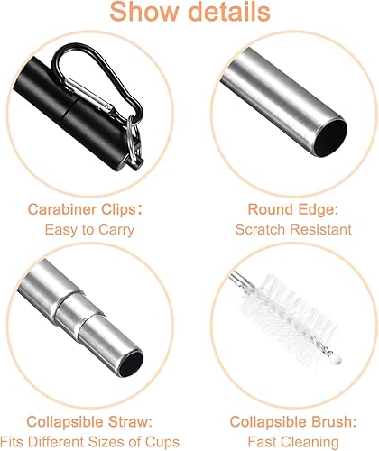 Miniatura 4 de uxcell 4 popotes de metal reutilizables, de 3.7 a 9.1 pulgadas, pajitas telescópicas portátiles de acero inoxidable con estuche plano y cepillo de
