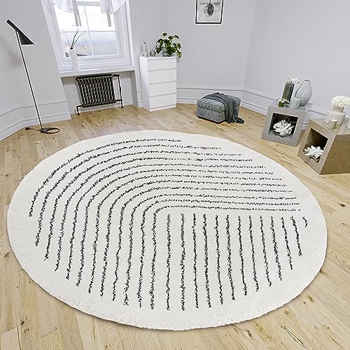 Hanse Home Dion Alfombra Redonda de Pelo Largo, Redonda para salón, Pelo Largo, diseño de Rayas, mullida, Suave para salón, Dormitorio, habitación Juvenil, Color Crema y Negro, 120 cm