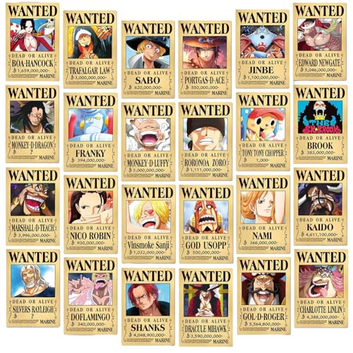 OnePiece Póster,24 PCS OnePiece Luffy Bounty Wanted Poster Kit de Collage de Anime Pared Manga Estética Carteles Pintura Hd Amantes del Anime Estar Dormitorio Decoración de Fotos para Regalos