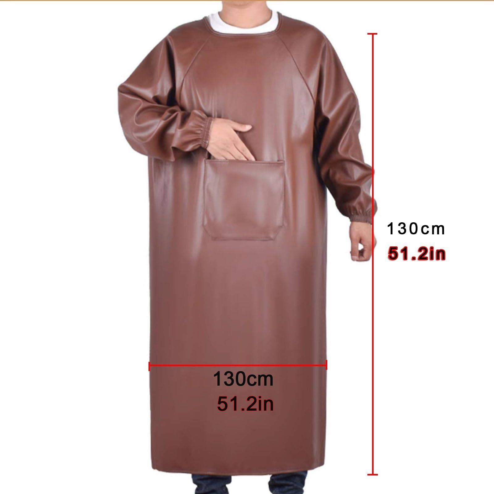 Delantal de Manga Larga Impermeable Y Resistente a La Grasa Delantales Largo de Cuero con Bolsillos Lazo Trasero Puños Elásticos Y Cuello Redondo Ropa de Trabajo para Cocina Y Restaurante