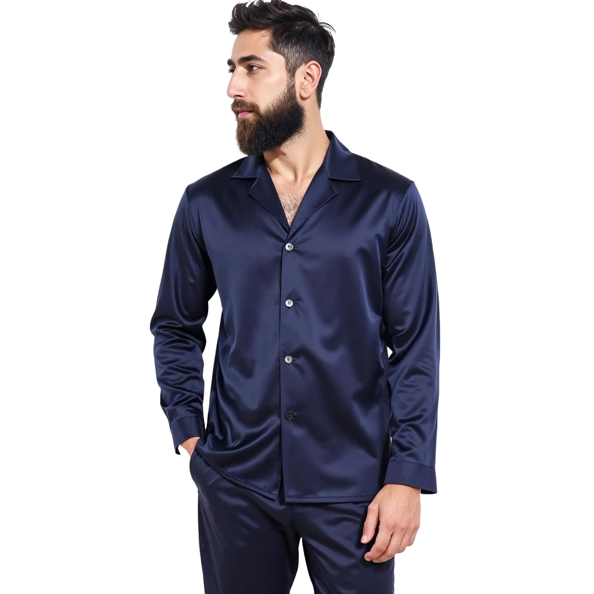 Men's Navy Blue Silk Nightwear Pajama Set – Full Sleeve, Soft & Comfortable Luxury Sleepwear for Everyday Use-image-47
