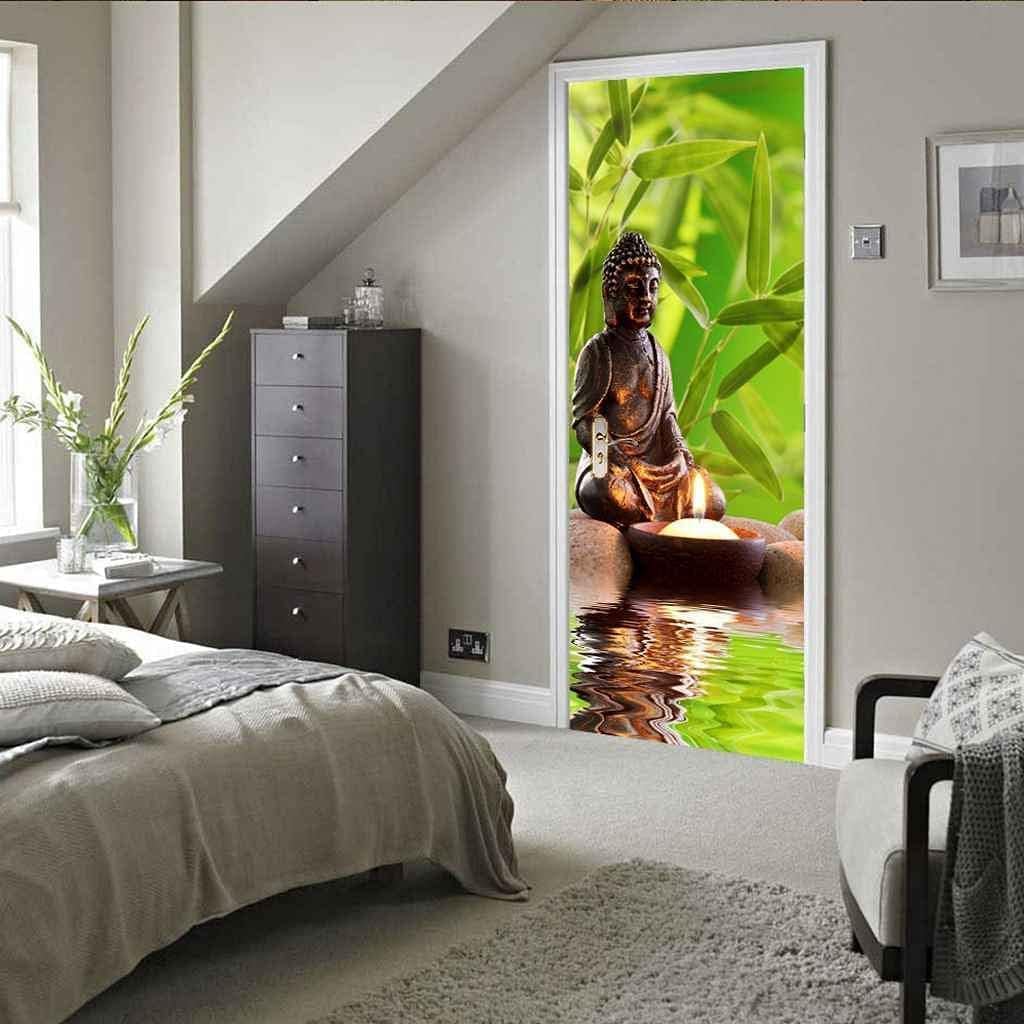 Adesivi per Porte Interne 80x210 Zen Adesivo Porta Foglie di Bambù Verde 3D Pellicola Adesiva Carta Da Parati Soggiorno Bagno Autoadesivo Porta Murale Decorazione M0402