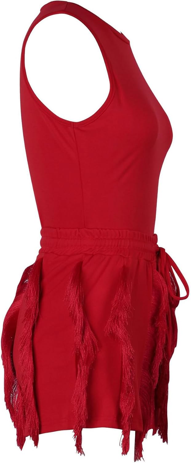 Two Piece Outfits for Women Sexy Sleeveless Sweatshirt Bodycon Fringe Tassel Shorts Pant Jumpsuit Set Clubwear - Image 5
