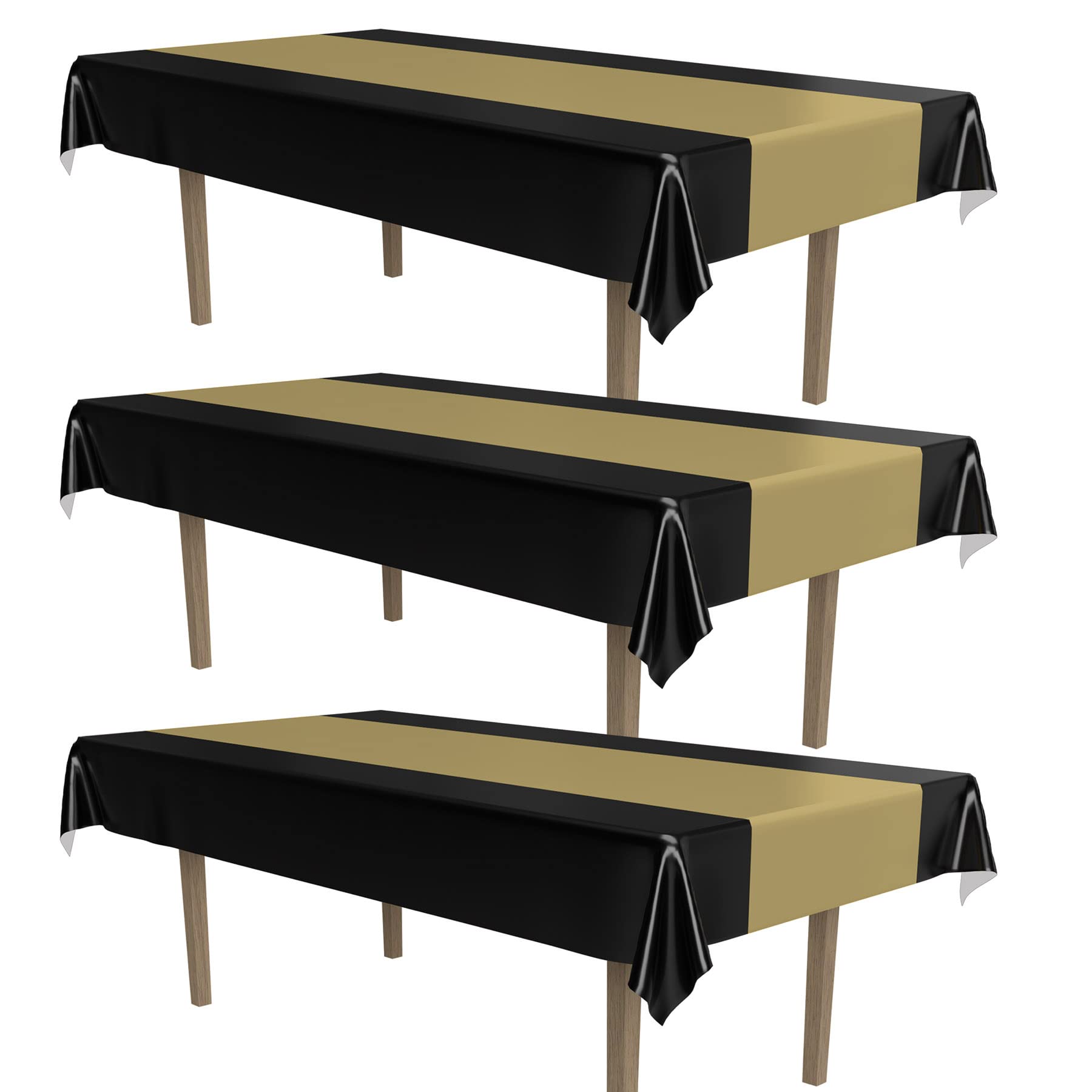 Beistle Black & Gold Striped Tablecovers, 54” x 108”, 3 Pieces – Plastic Table Cloth, Rectangular Tablecloth, Table Covers for Party, Graduation Tablecloth, Awards Night Decorations
