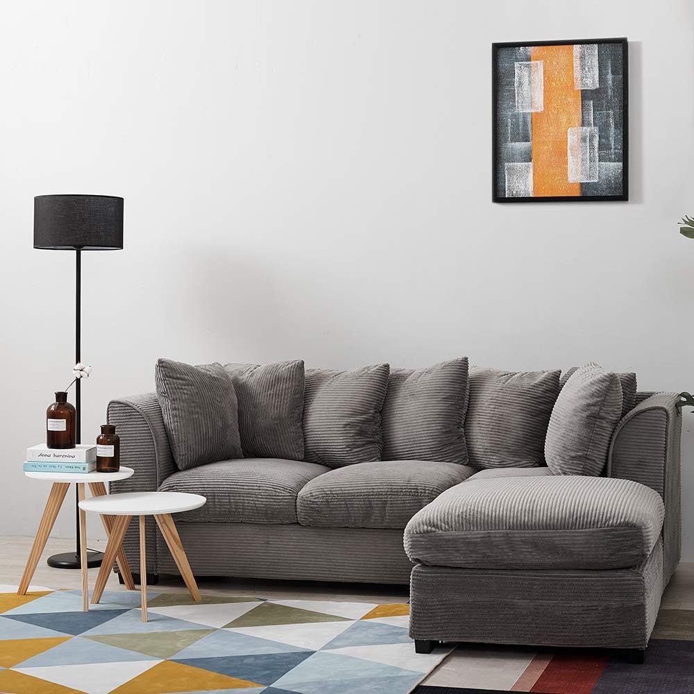 Wellgarden Jumbo Cord Corner Sofa, 3 Seater Grey Fabric Sofa Settee
