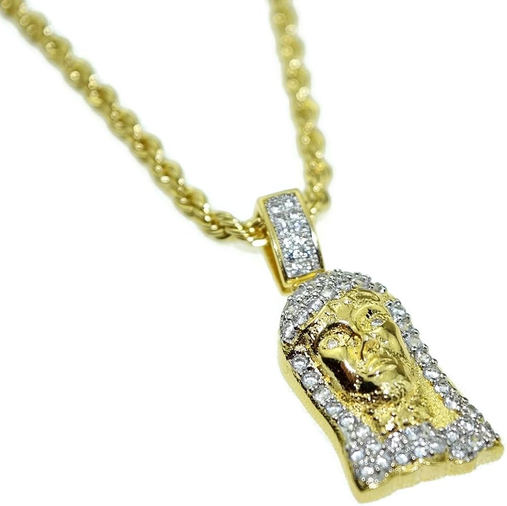 Amazon.com: Jesus Piece Bling Chain Micro Pave Pendant Gold  Jesus Medallion Pendant Iced Out 14K Gold 24” Rope​ main image 1